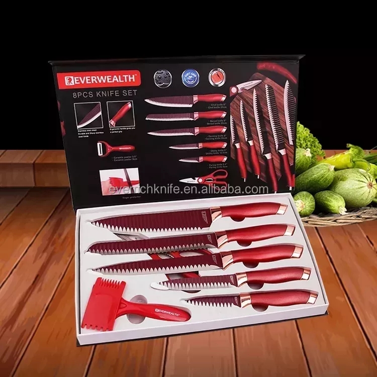 الأكثر جاذبية الساخنة بيع سكين مطبخ 8 قطعة ، الأحمر ، مع هدية مربع 