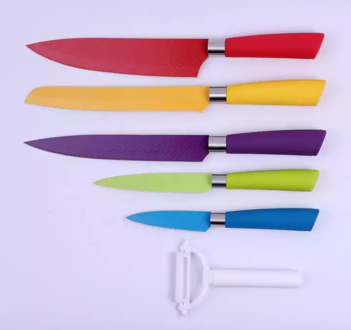 الصين مصنع أزياء لون الفولاذ المقاوم للصدأ تجهيزات المطابخ مجموعة 7 قطع بروبلين + نظام الحماية المؤقت مقبض سكين مطبخ مجموعة 