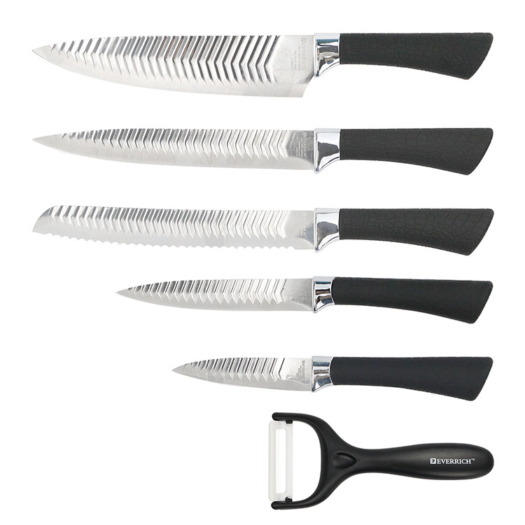 أفضل بيع أدوات المطبخ هدية مجموعة أداة تلميع والنقش الفولاذ المقاوم للصدأ أسود مقبض من البلاستيك سكين مطبخ مجموعة 