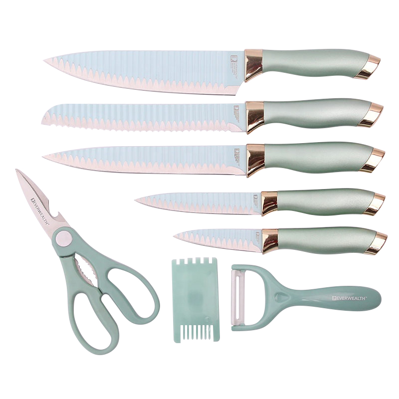 OEM / ODM غير عصا الفولاذ المقاوم للصدأ المغلفة لون البلاستيك مقبض سكين مطبخ مجموعة 