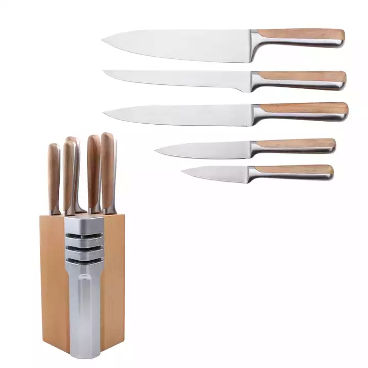 خشب الزان الفولاذ المقاوم للصدأ سكين مطبخ مجموعة + 430 مقابض ، مع سكين خشبي قاعدة التخزين 